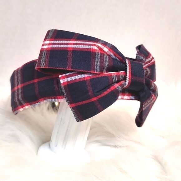 PLAID SIDE BOW HEADBAND navy blue white red fabric - Picture 2 of 6